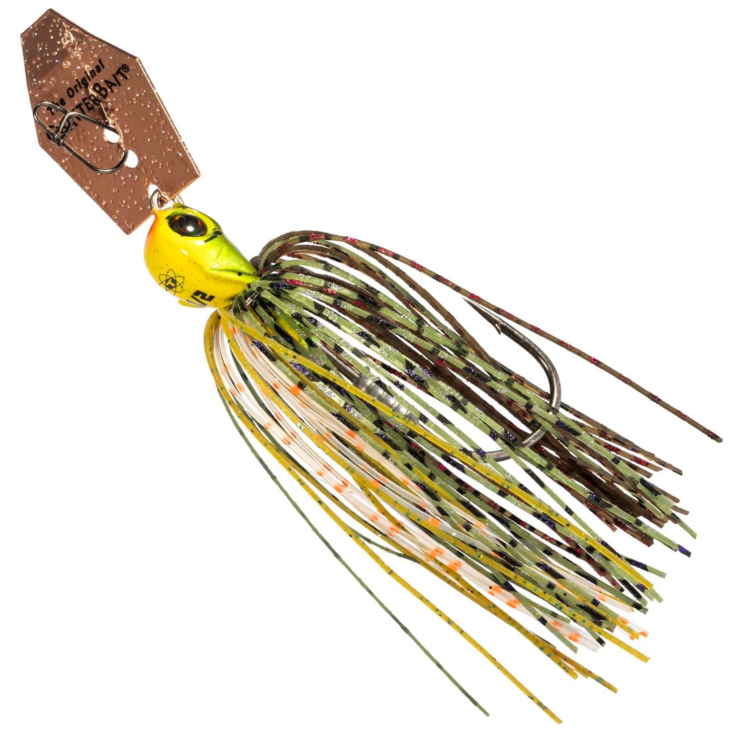 Yellow-green and white chatterbait lure with speckled skirt and spinning blades