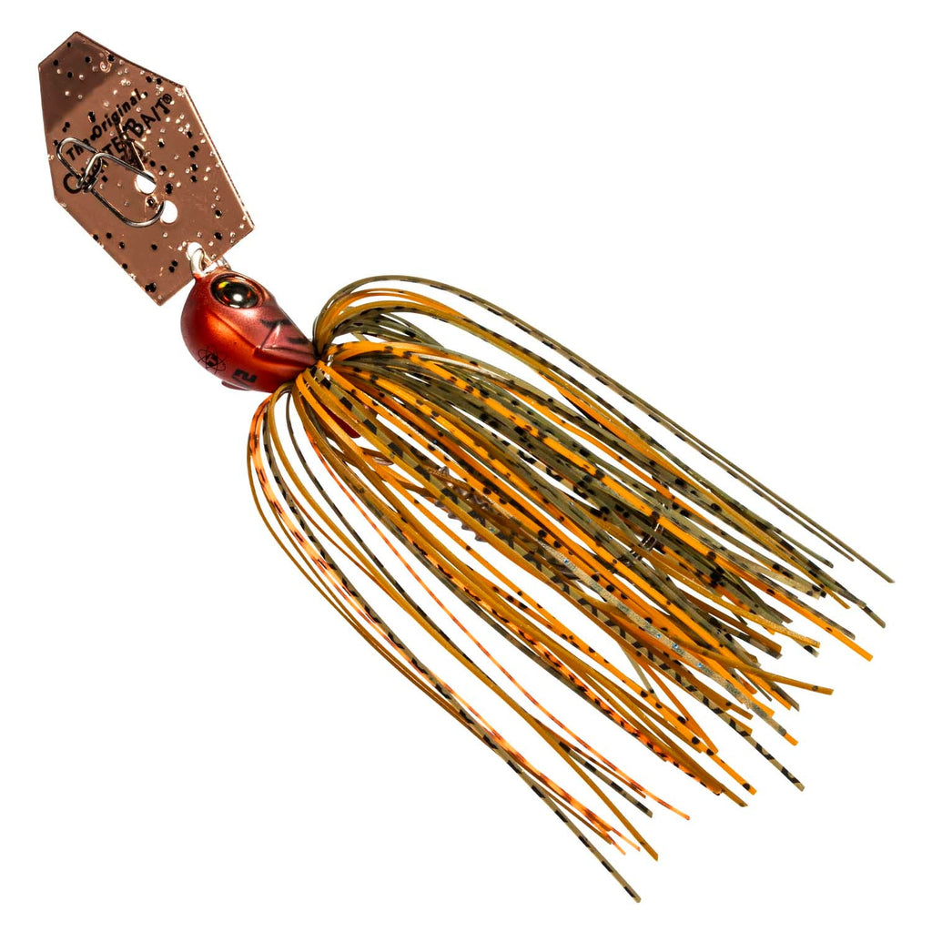 Red and gold chatterbait lure with striped skirt and spinning blades