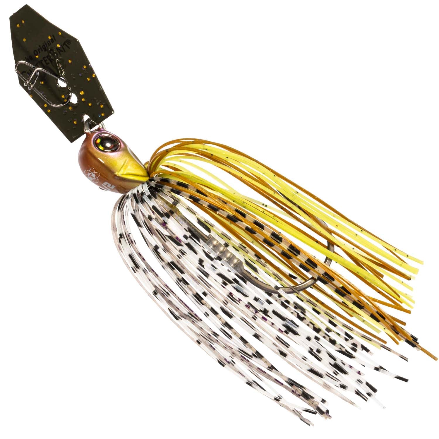 Yellow and white chatterbait lure with black-dotted skirt and spinning blades