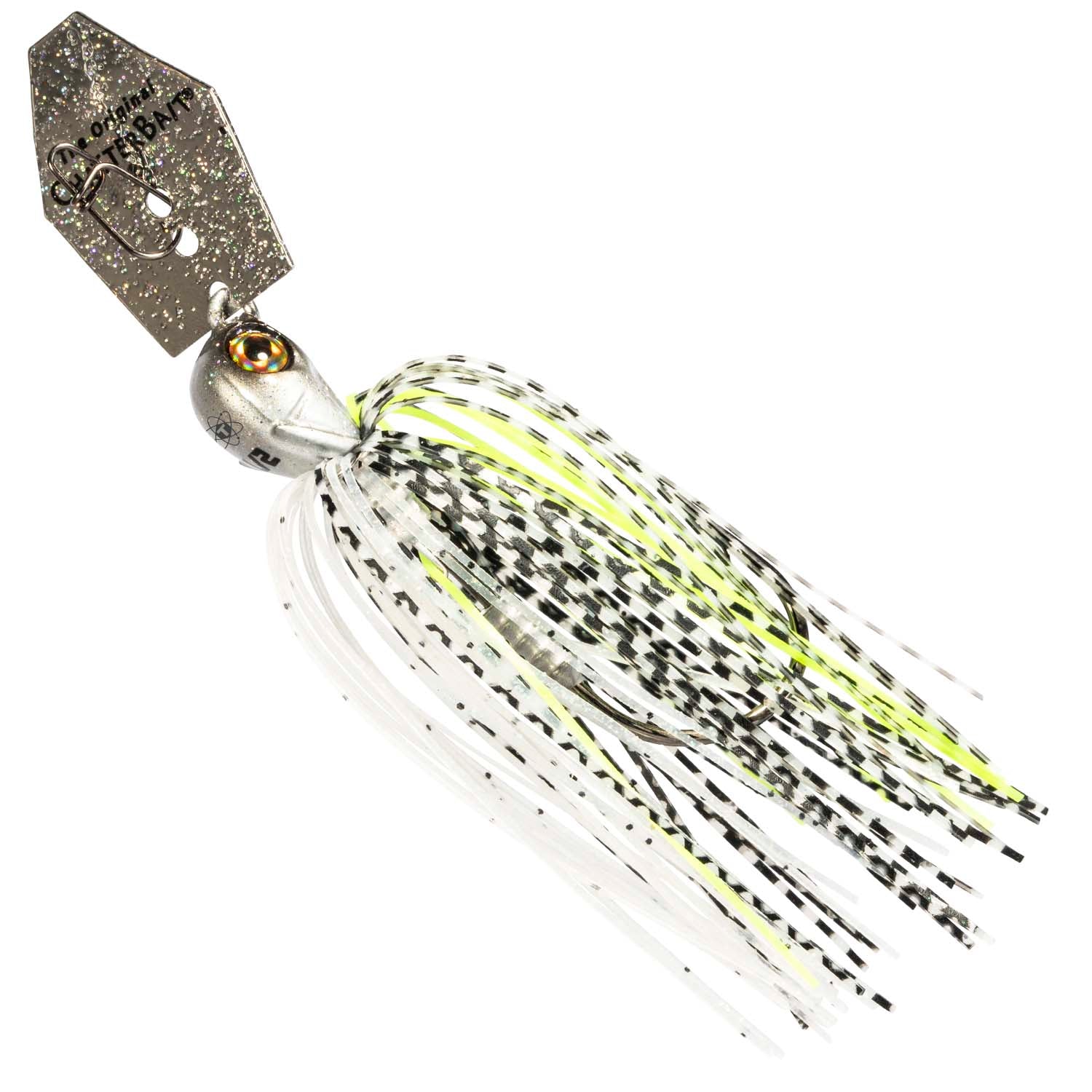 White and neon green chatterbait lure with speckled skirt and spinning blades
