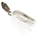 White and silver chatterbait lure with black-speckled skirt and spinning blades