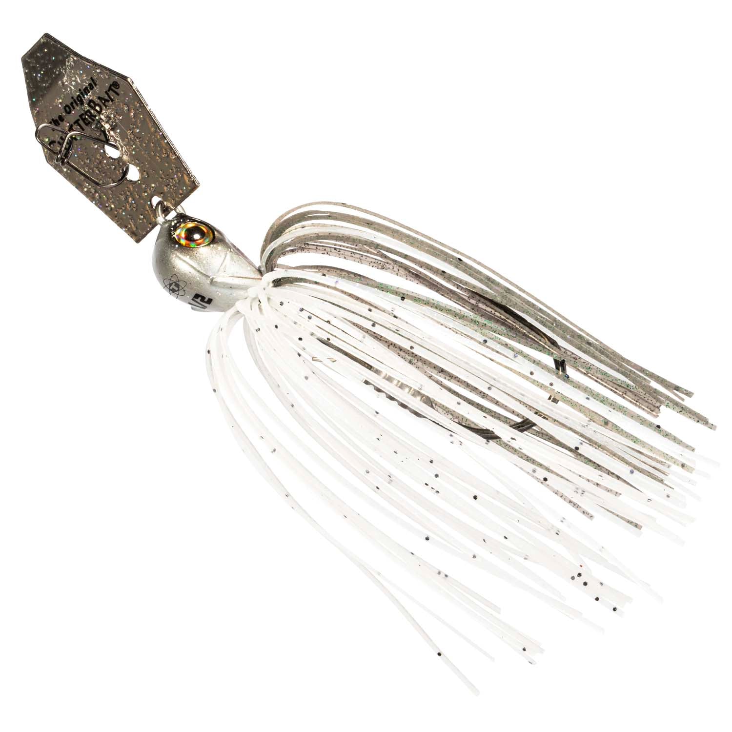 White and silver chatterbait lure with black-speckled skirt and spinning blades