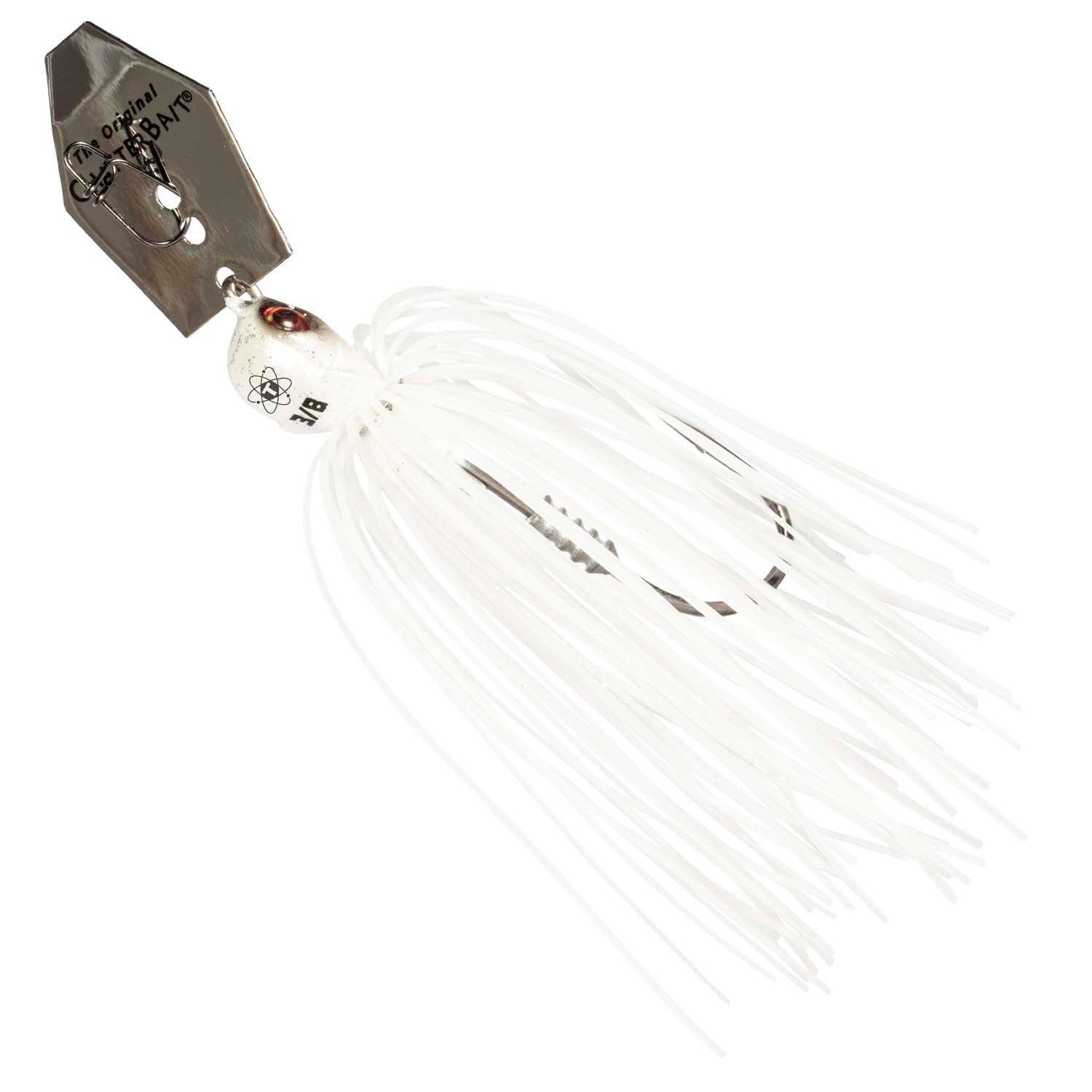 White chatterbait lure with tiny black speckles and spinning blades