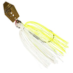 White and neon yellow chatterbait lure with speckled skirt and spinning blades
