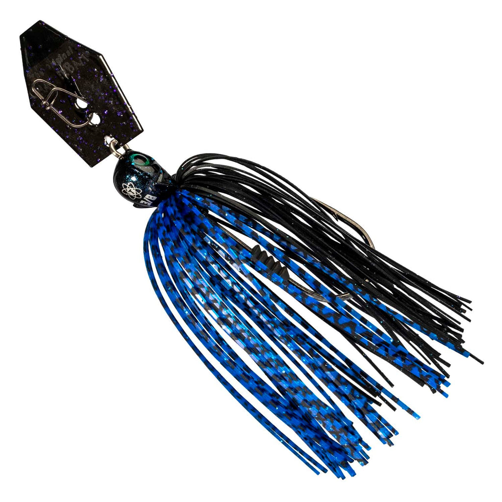 Black and blue chatterbait lure with blue-striped skirt and spinning blades