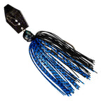 Black and blue chatterbait lure with blue-striped skirt and spinning blades