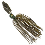 Green and olive chatterbait lure with metallic skirt and spinning blades