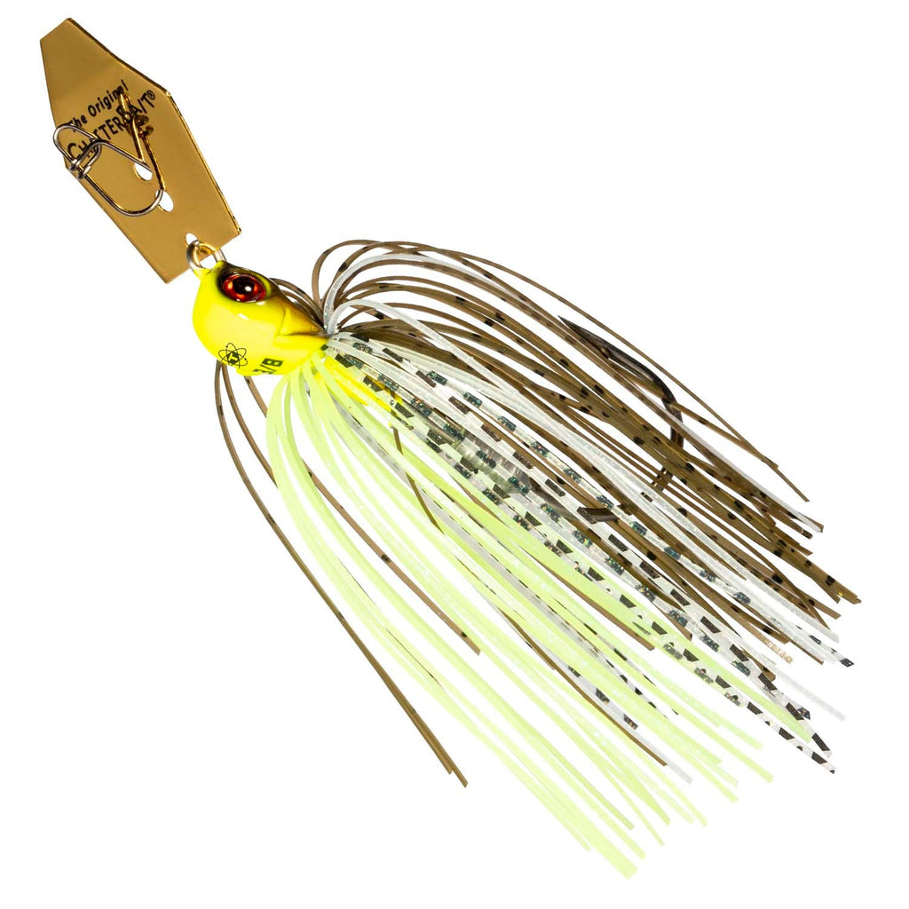 Chatterbait fishing lure with chartreuse skirt, gold blade, yellow head, single hook