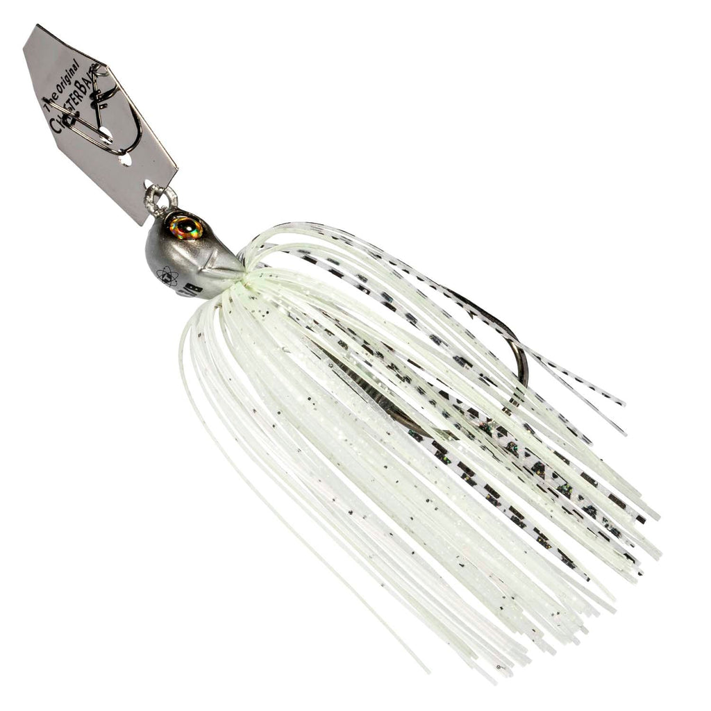 Chatterbait fishing lure with white skirt and black speckles, silver blade, yellow eye hook
