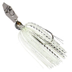 Chatterbait fishing lure with white skirt and black speckles, silver blade, yellow eye hook