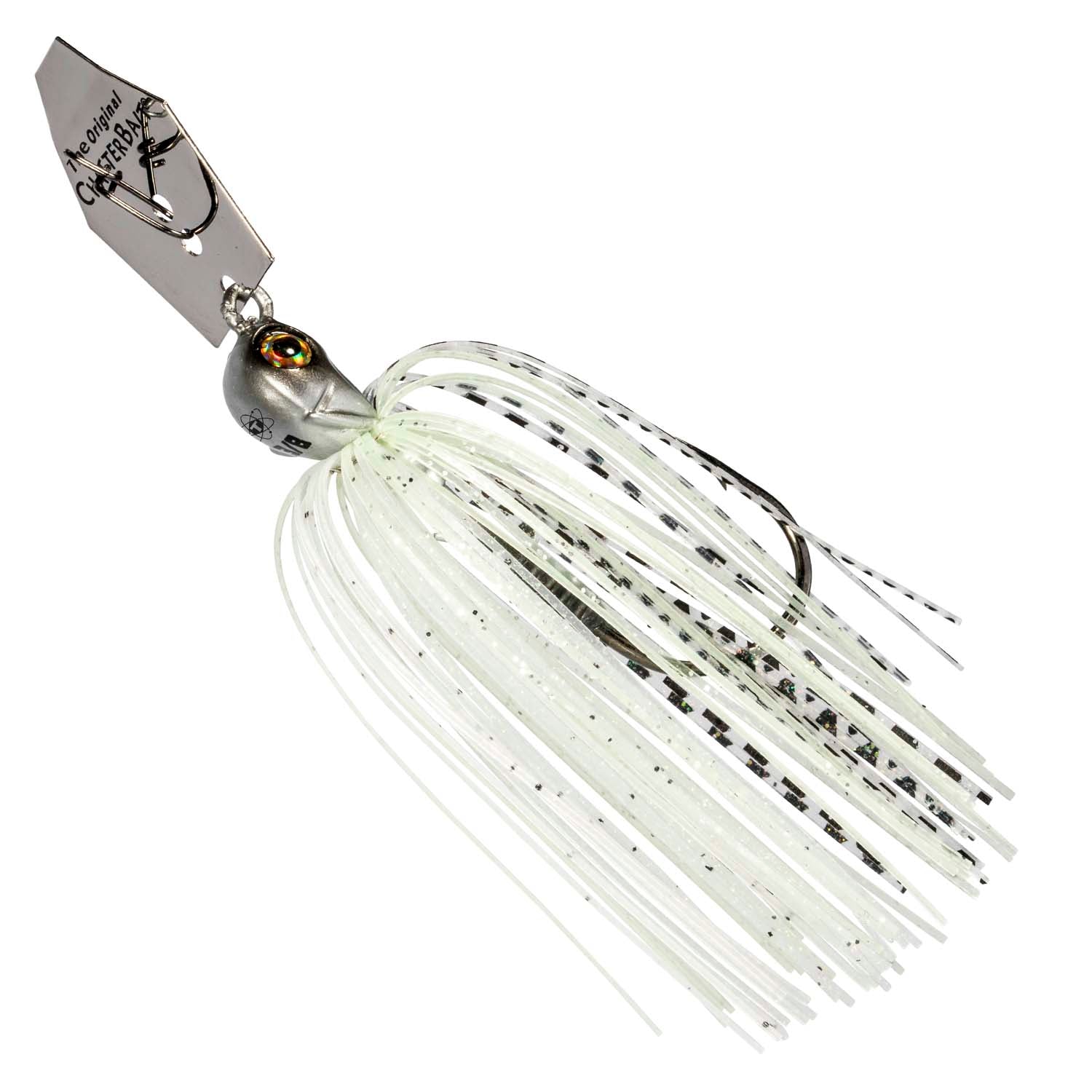 Chatterbait fishing lure with white skirt and black speckles, silver blade, yellow eye hook