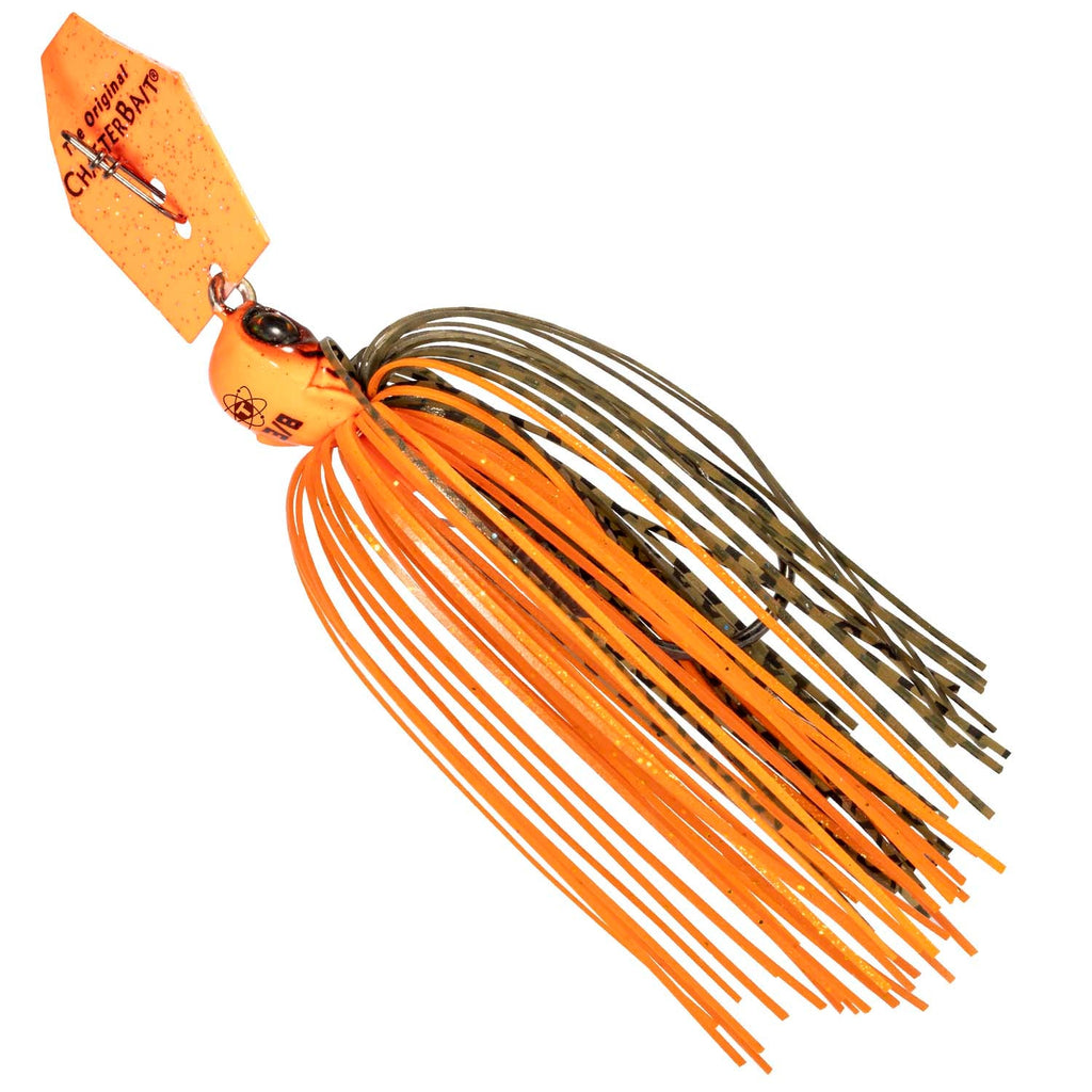 Chatterbait fishing lure with orange skirt, dark brown blade, black-and-orange accents, hook