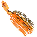 Chatterbait fishing lure with orange skirt, dark brown blade, black-and-orange accents, hook
