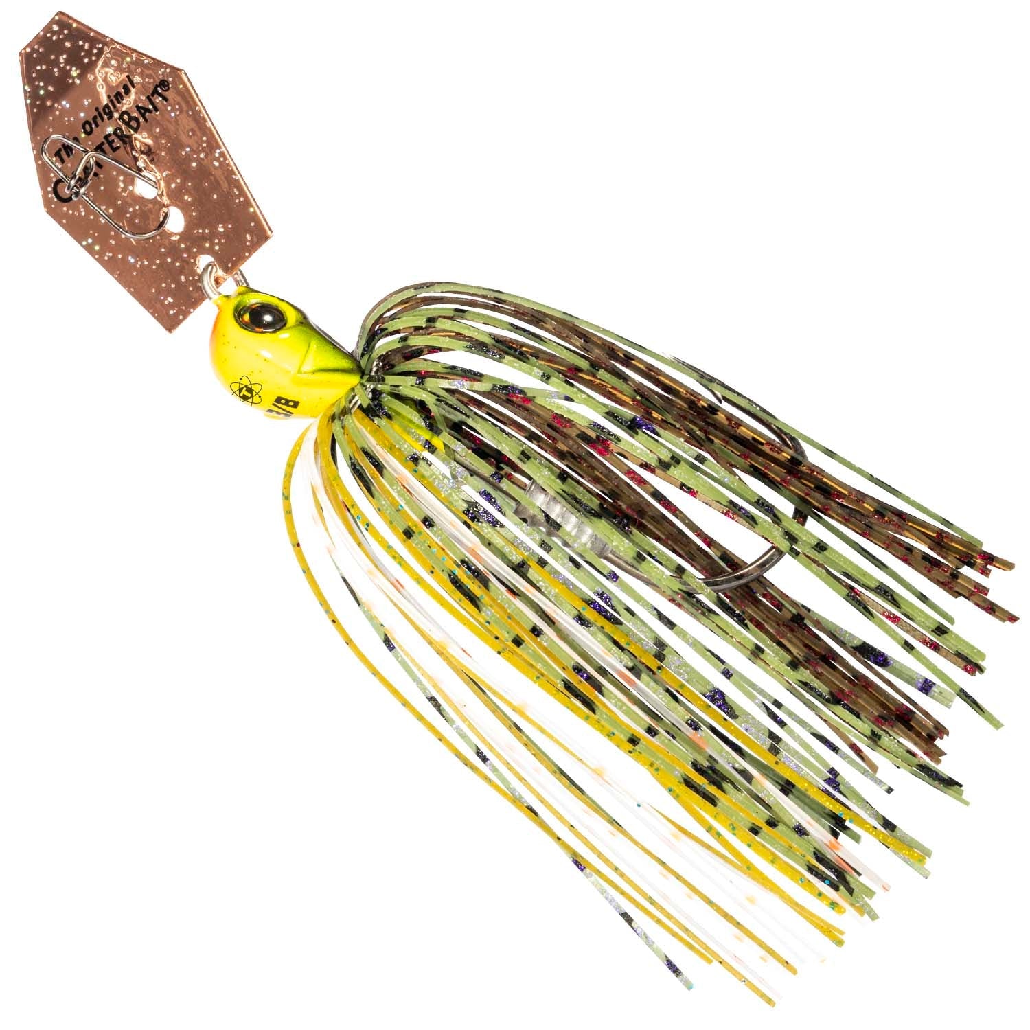Chatterbait fishing lure with yellow chartreuse head and speckled skirt, bronze blade, hook