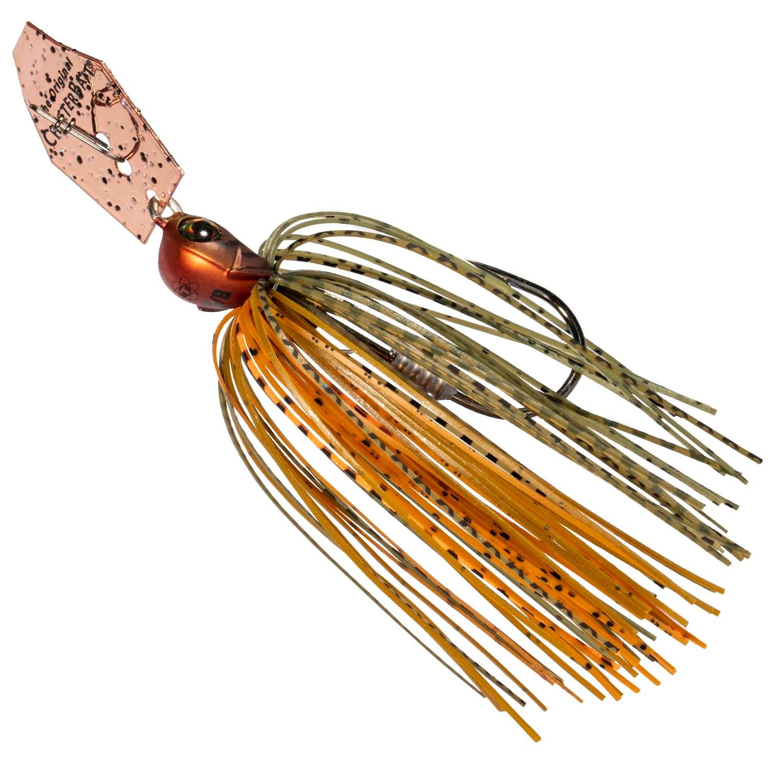 Chatterbait fishing lure with copper head and orange-and-brown striped skirt