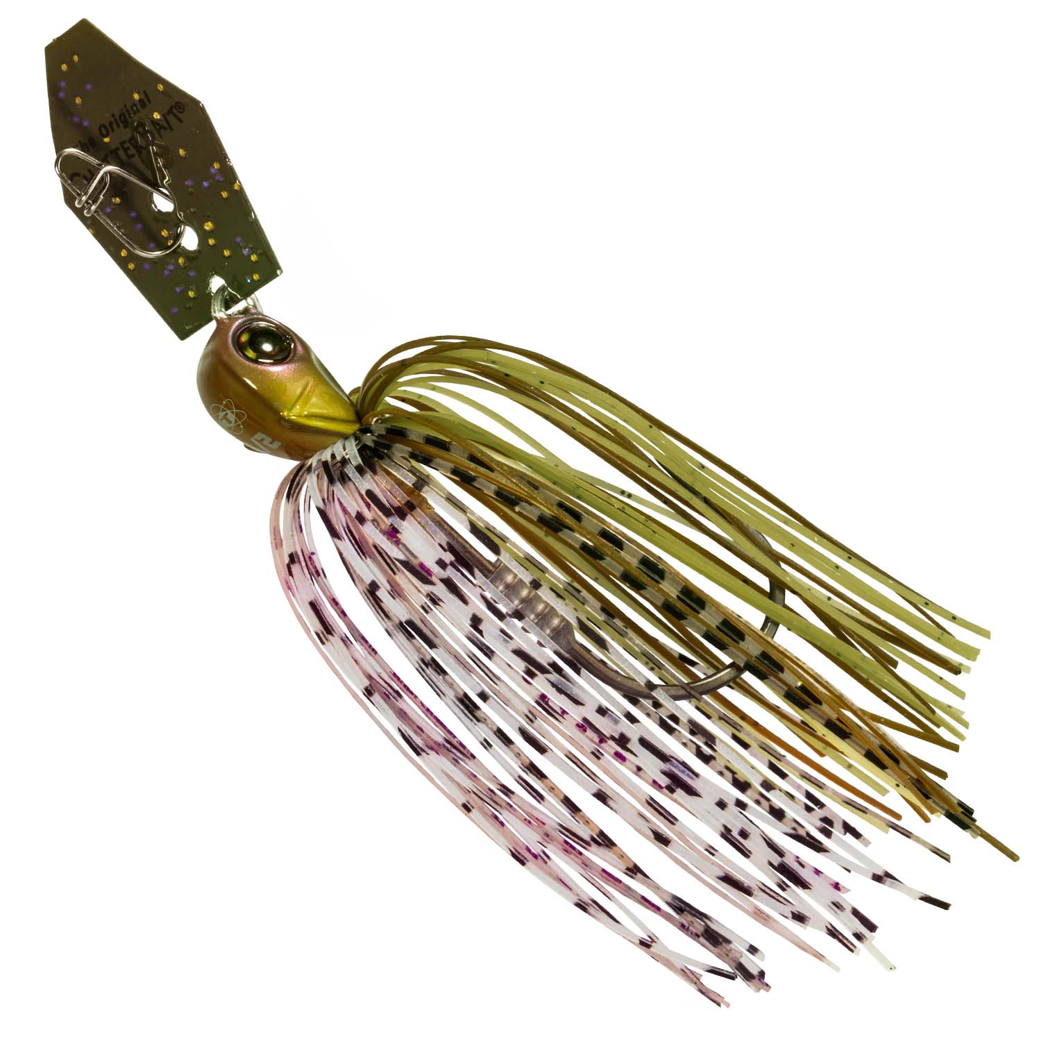 Chatterbait fishing lure with olive-green skirt and white speckles, brown blade, hook