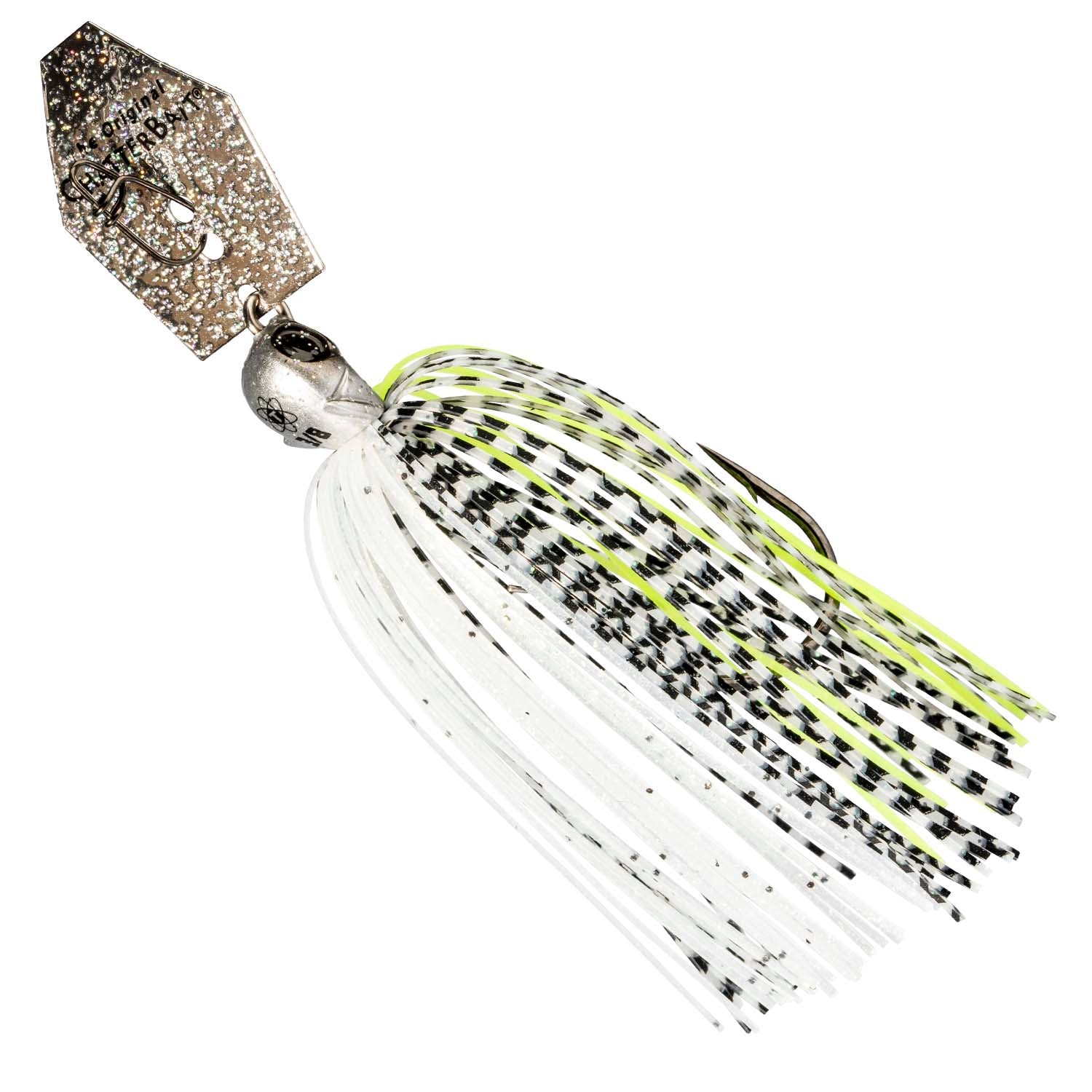 Chatterbait fishing lure with white skirt, black speckles and chartreuse lines, gold blade