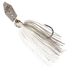 Chatterbait fishing lure with silver head and white skirt with gray speckled strands