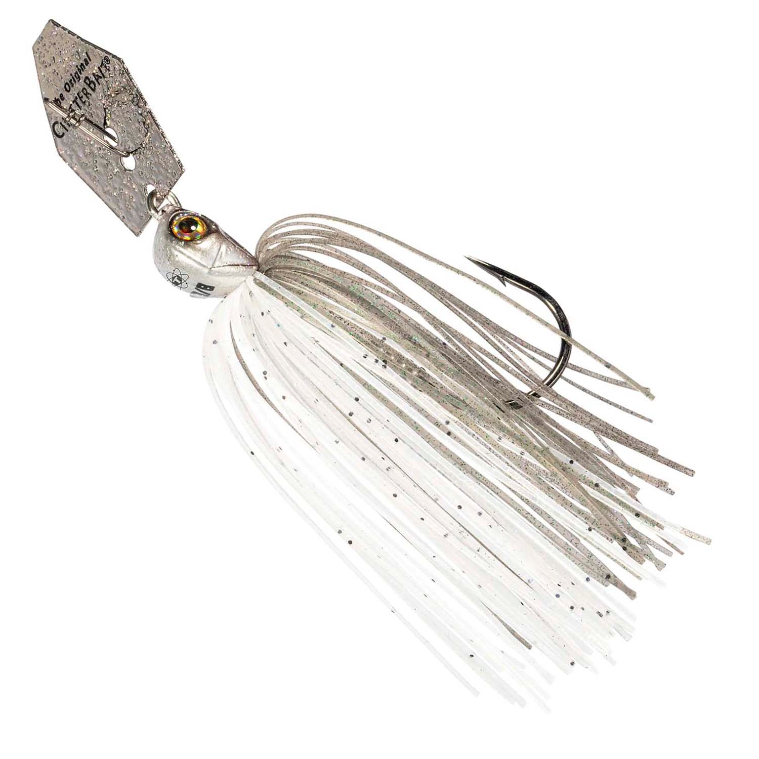 Chatterbait fishing lure with silver head and white skirt with gray speckled strands
