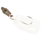 White chatterbait jig with long white wire skirt and spinner blade