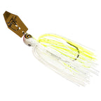 White and chartreuse chatterbait jig with neon skirt strands and spinner blade