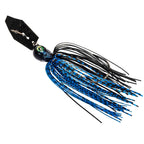 Dark blue chatterbait jig with blue and black wire skirt and spinner blade