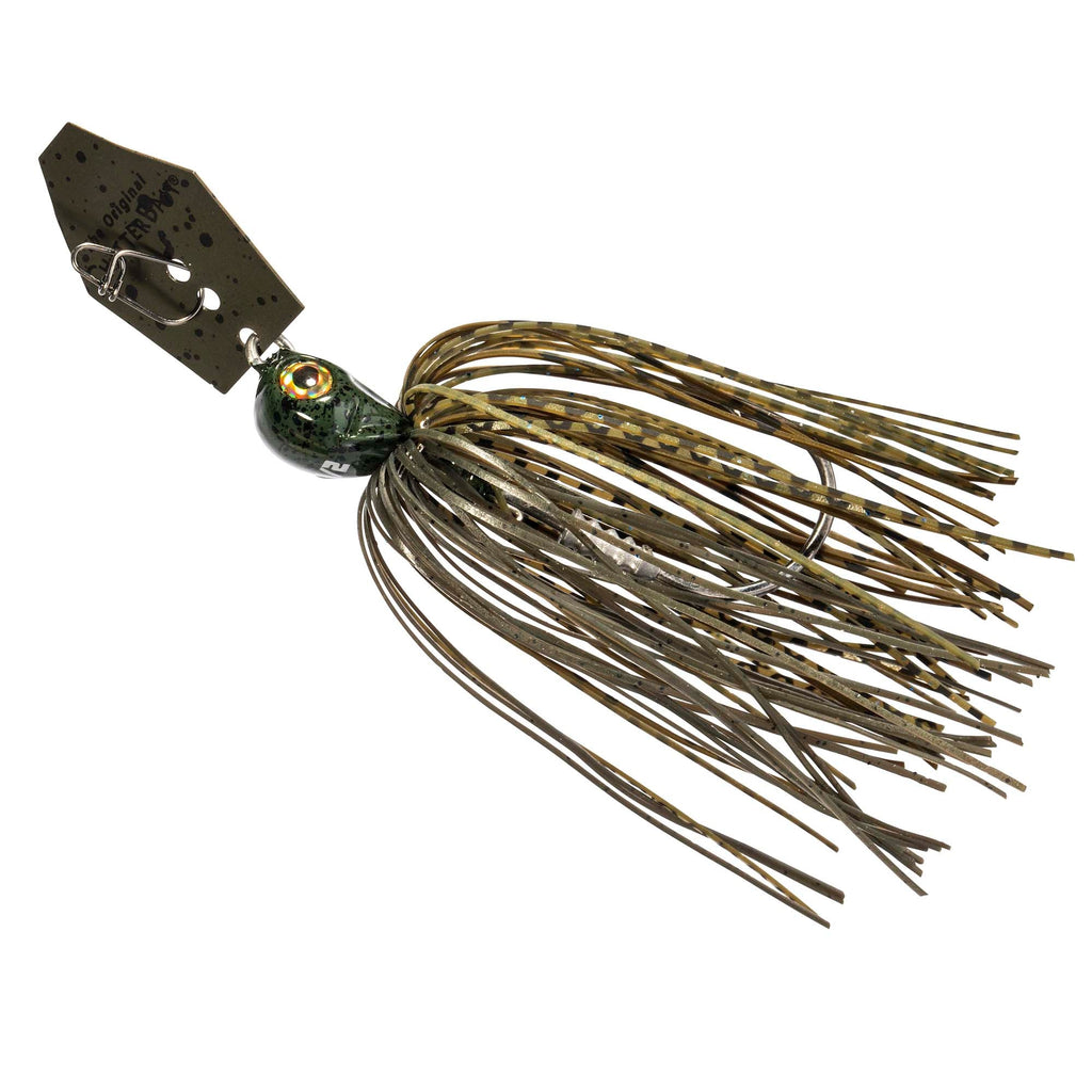 Green-brown chatterbait jig with brown wire skirt and spinner blade