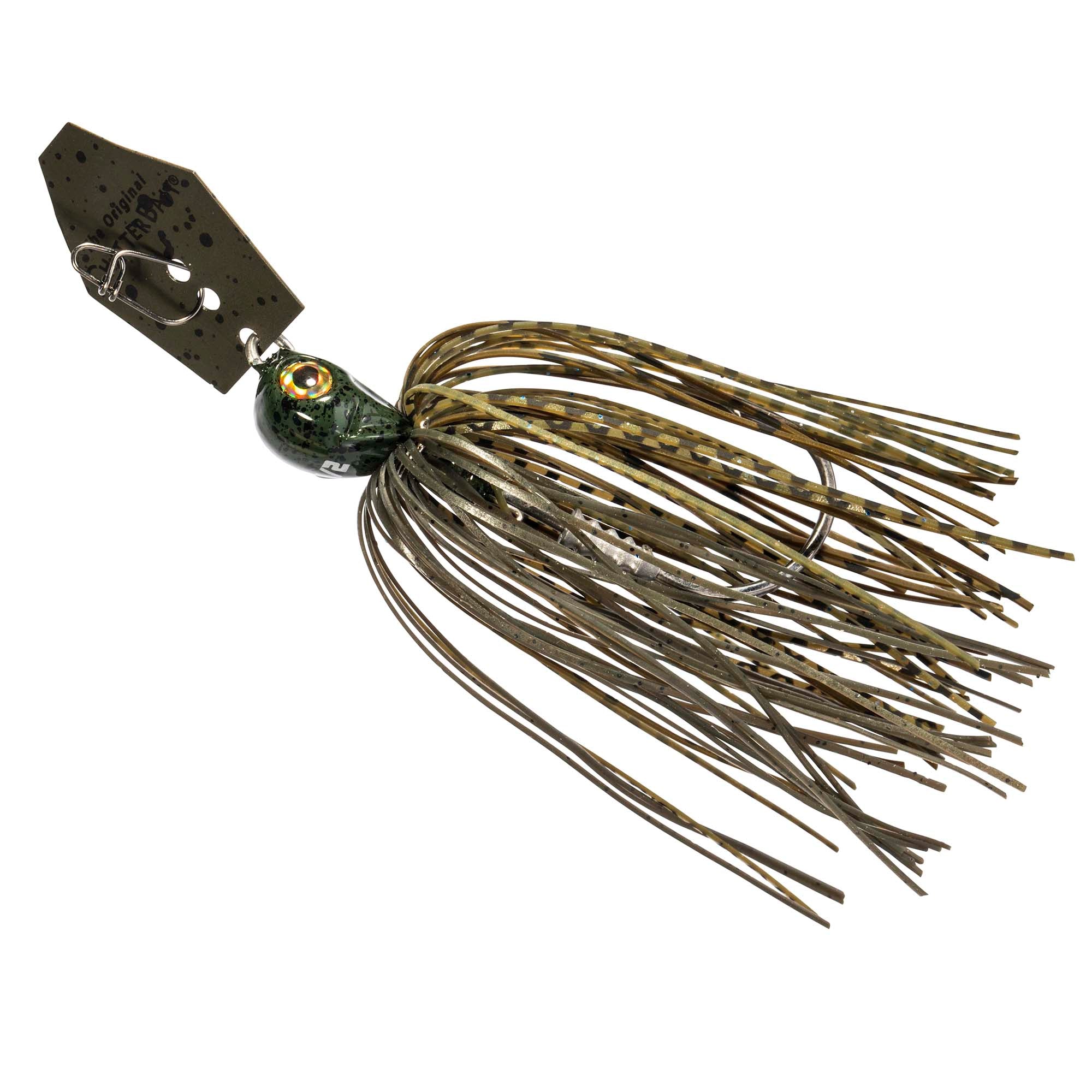 Green-brown chatterbait jig with brown wire skirt and spinner blade