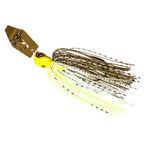 Gold and dark chatterbait jig with white accent skirt and spinner blade