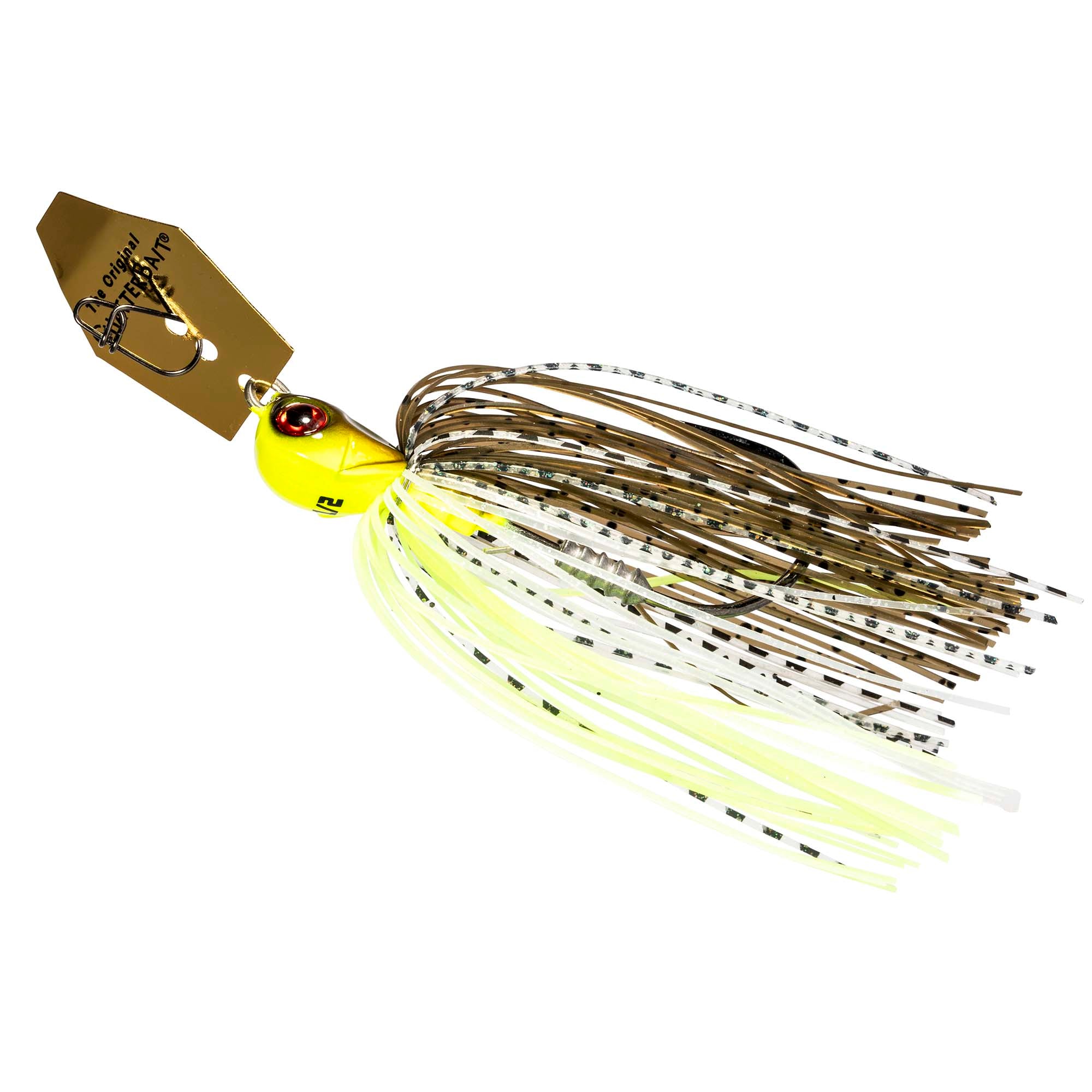 Gold and dark chatterbait jig with white accent skirt and spinner blade