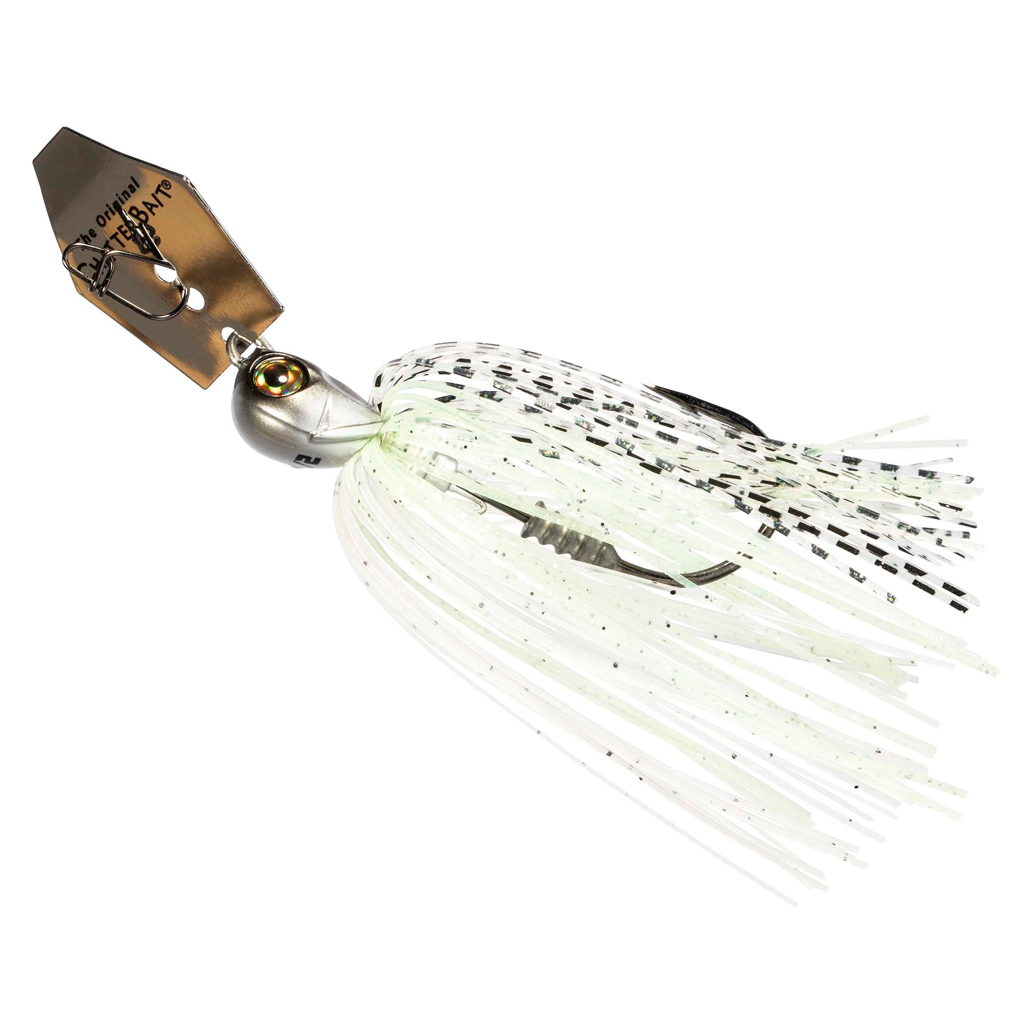 White chatterbait jig with black-speckled wire skirt and spinner blade
