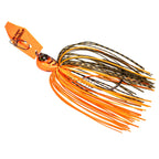 Orange chatterbait jig with wire skirt and spinner blade