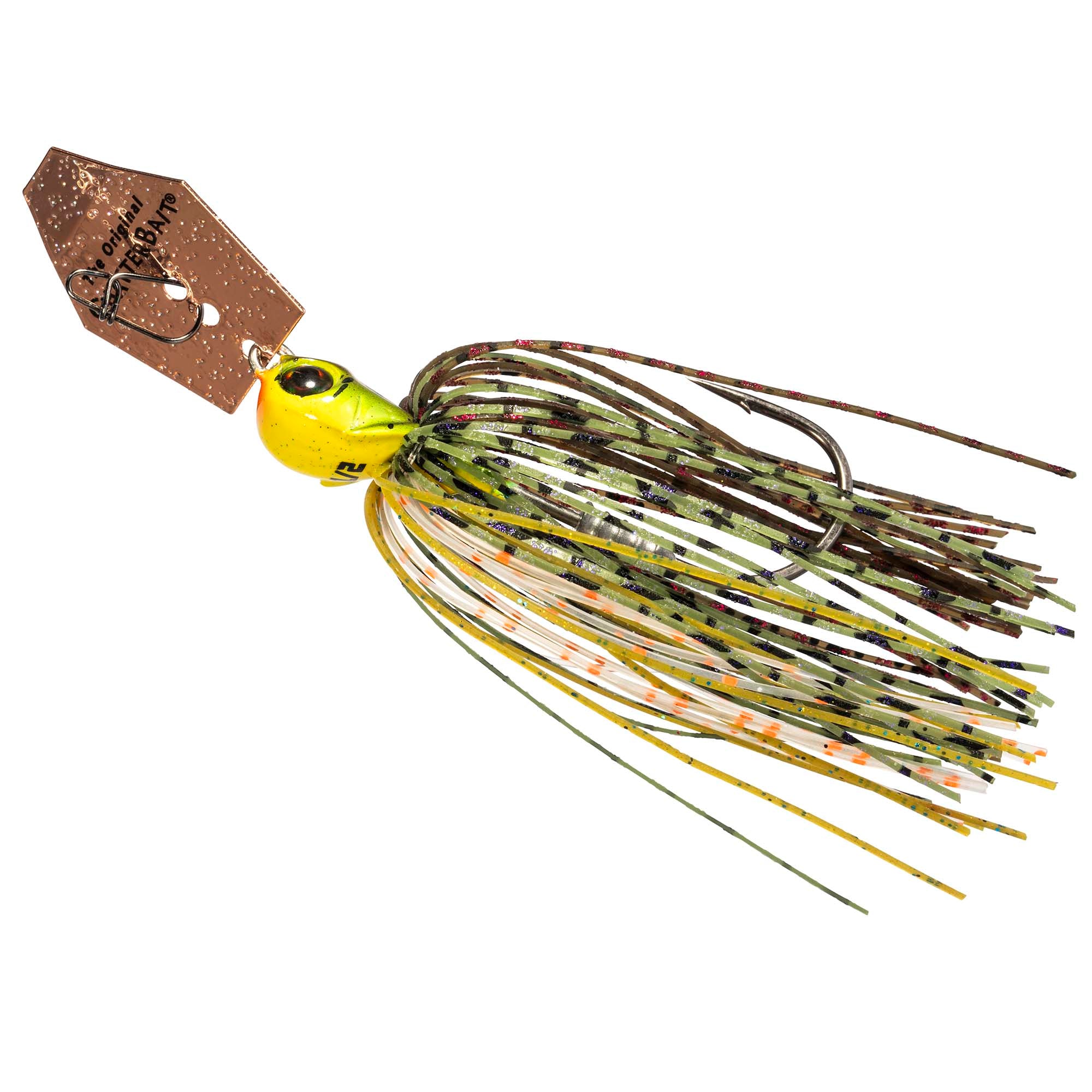 Yellow and brown chatterbait jig with mixed wire skirt strands and spinner blade