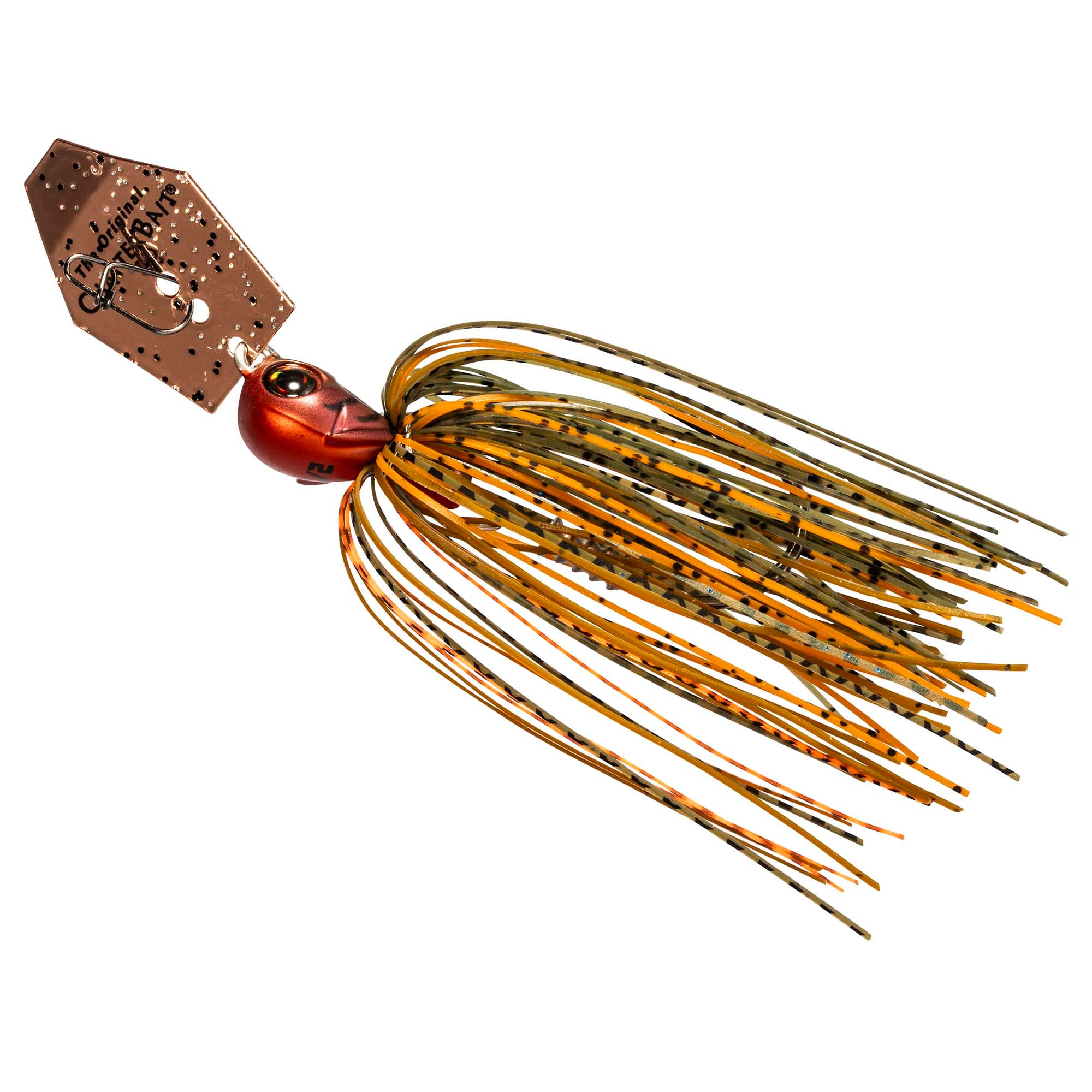 Orange and copper chatterbait lure with metallic brown speckled blade and spinner skirt