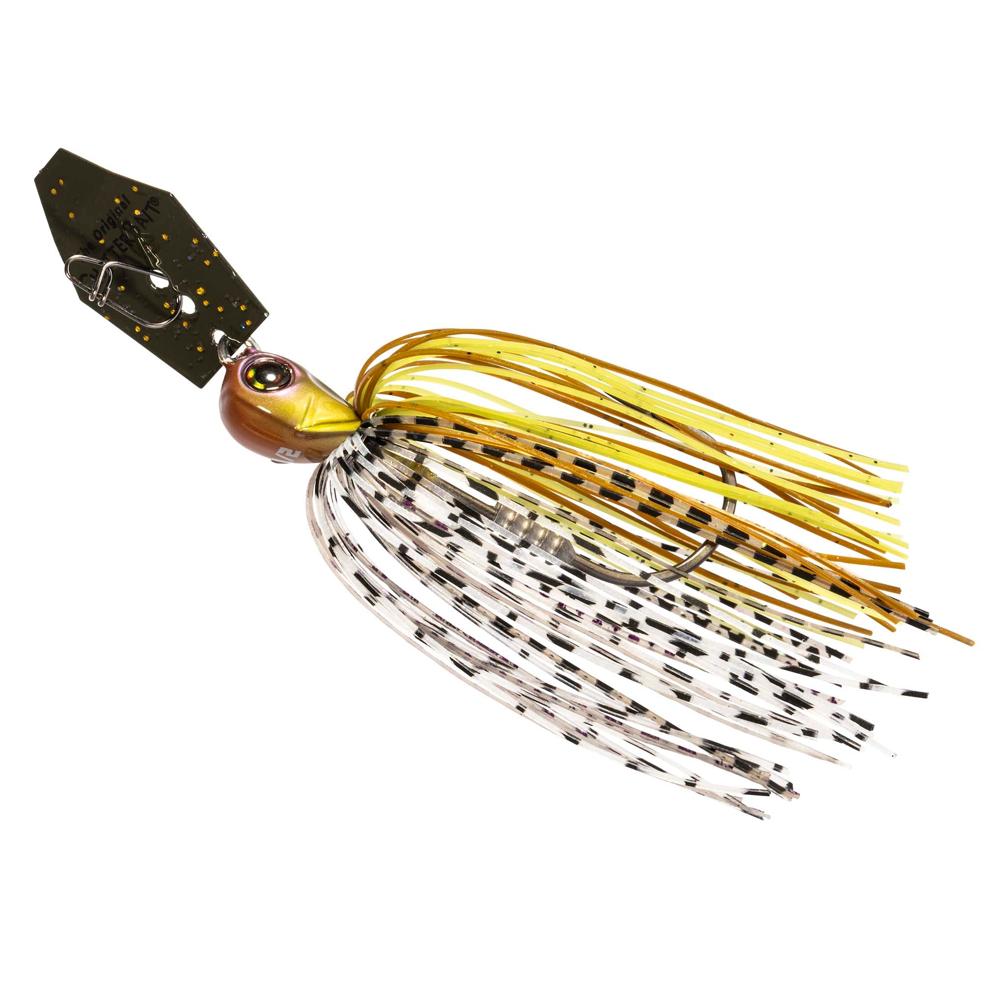 Gold and white chatterbait lure with black speckled skirt and dark speckled blade