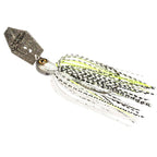 White and neon green chatterbait lure with black speckled skirt and dark speckled blade