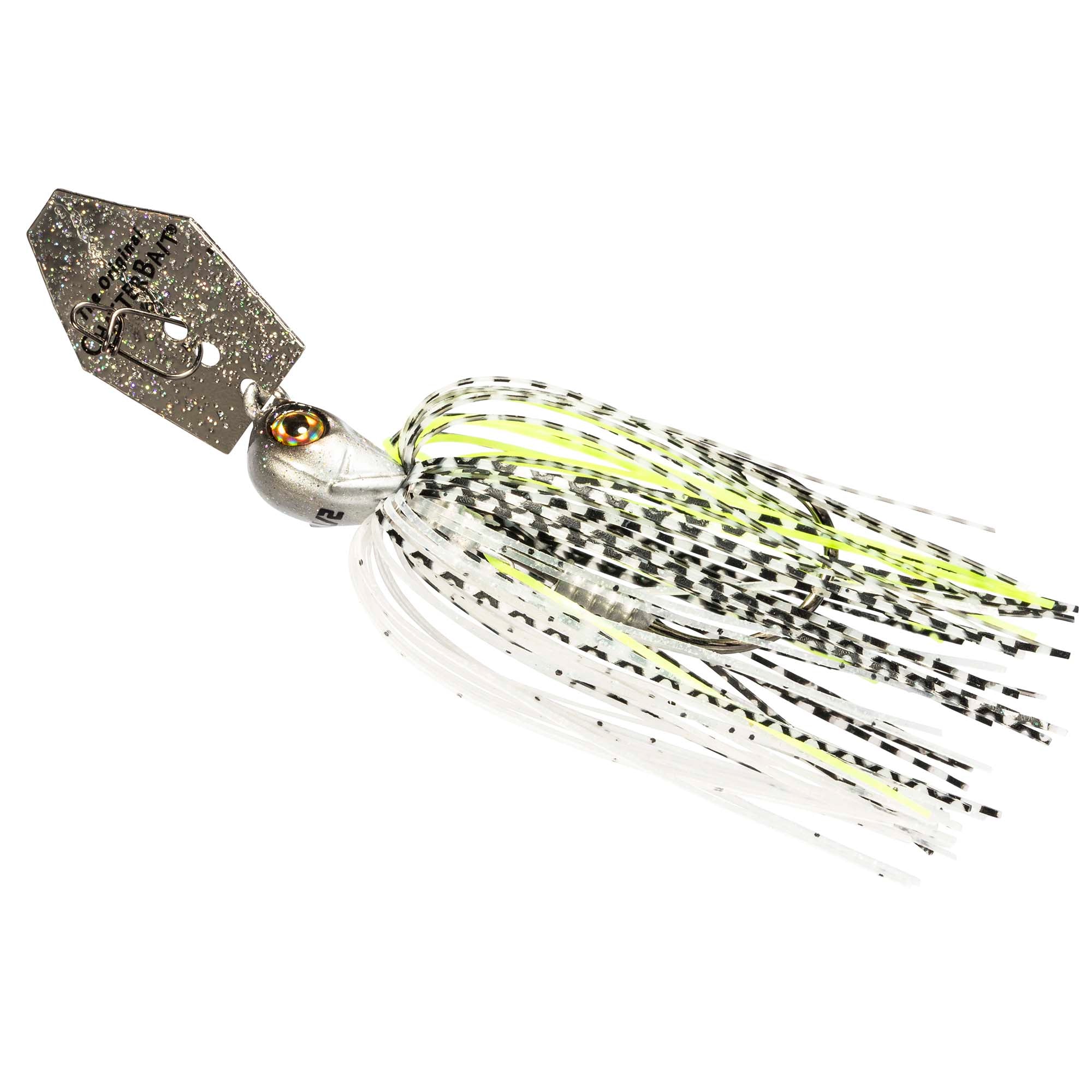 White and neon green chatterbait lure with black speckled skirt and dark speckled blade