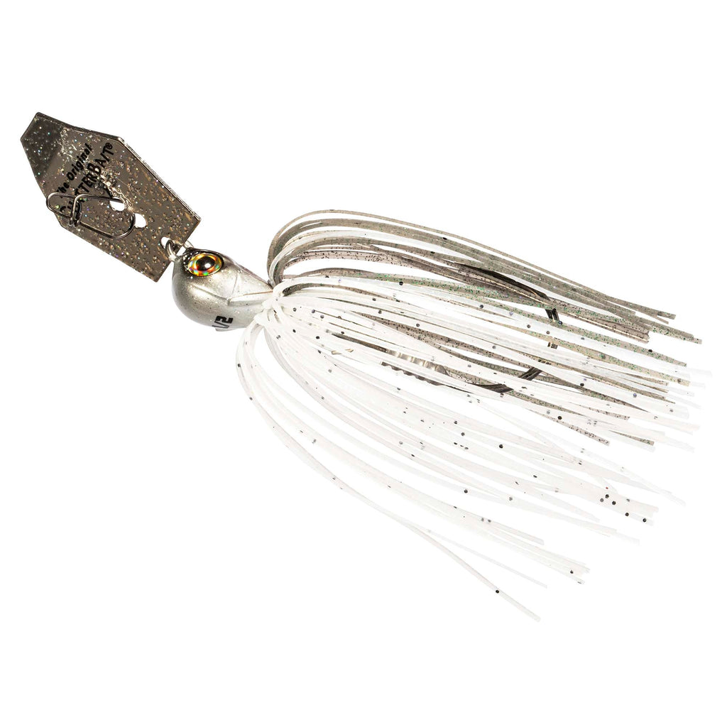 White chatterbait lure with black-specked skirt and brown metallic pivoting blade