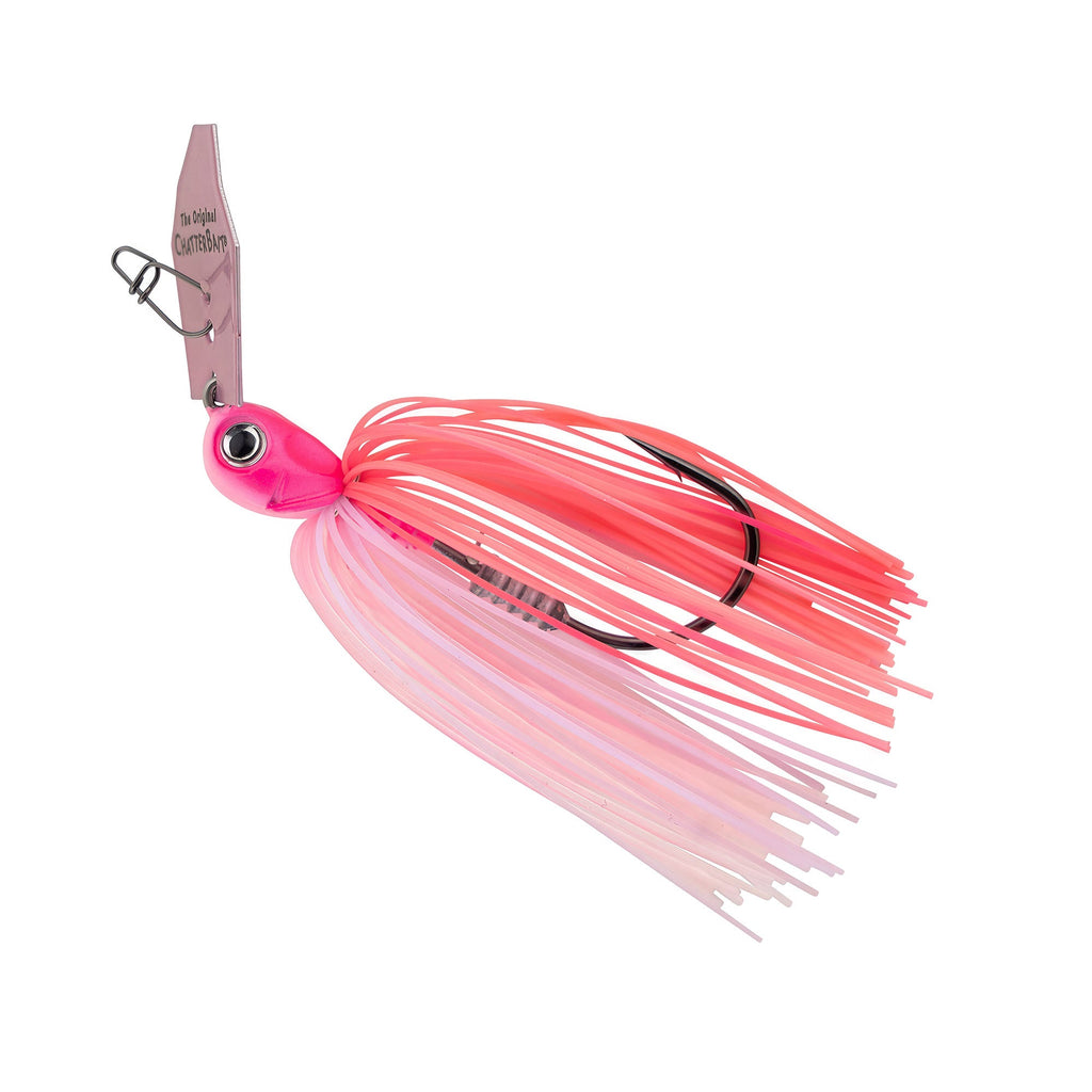 Pink-red skirt chatterbait fishing lure with black hook and oval blade