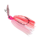 Pink-red skirt chatterbait fishing lure with black hook and oval blade