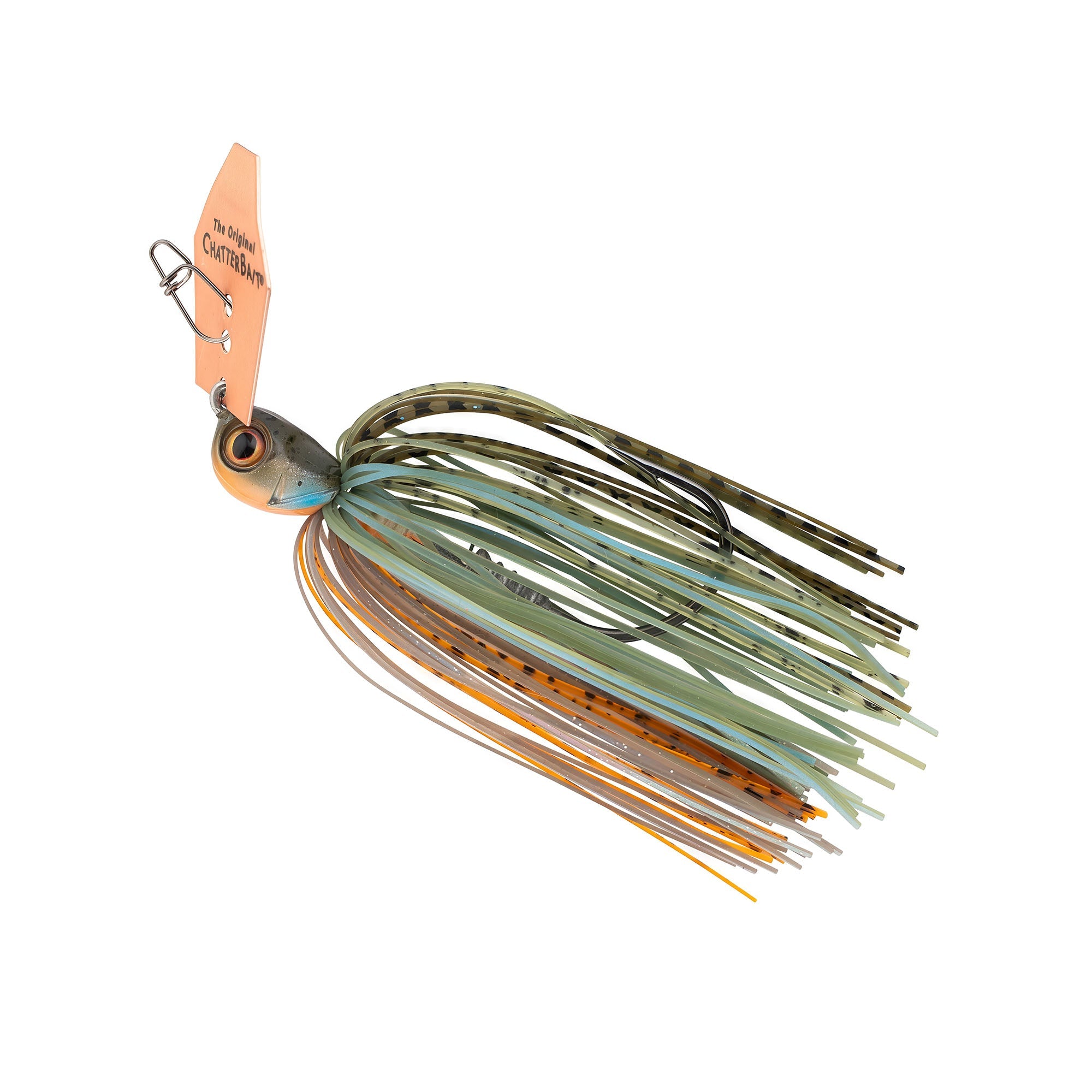 Olive and green striped skirt chatterbait fishing lure with orange accents and blade