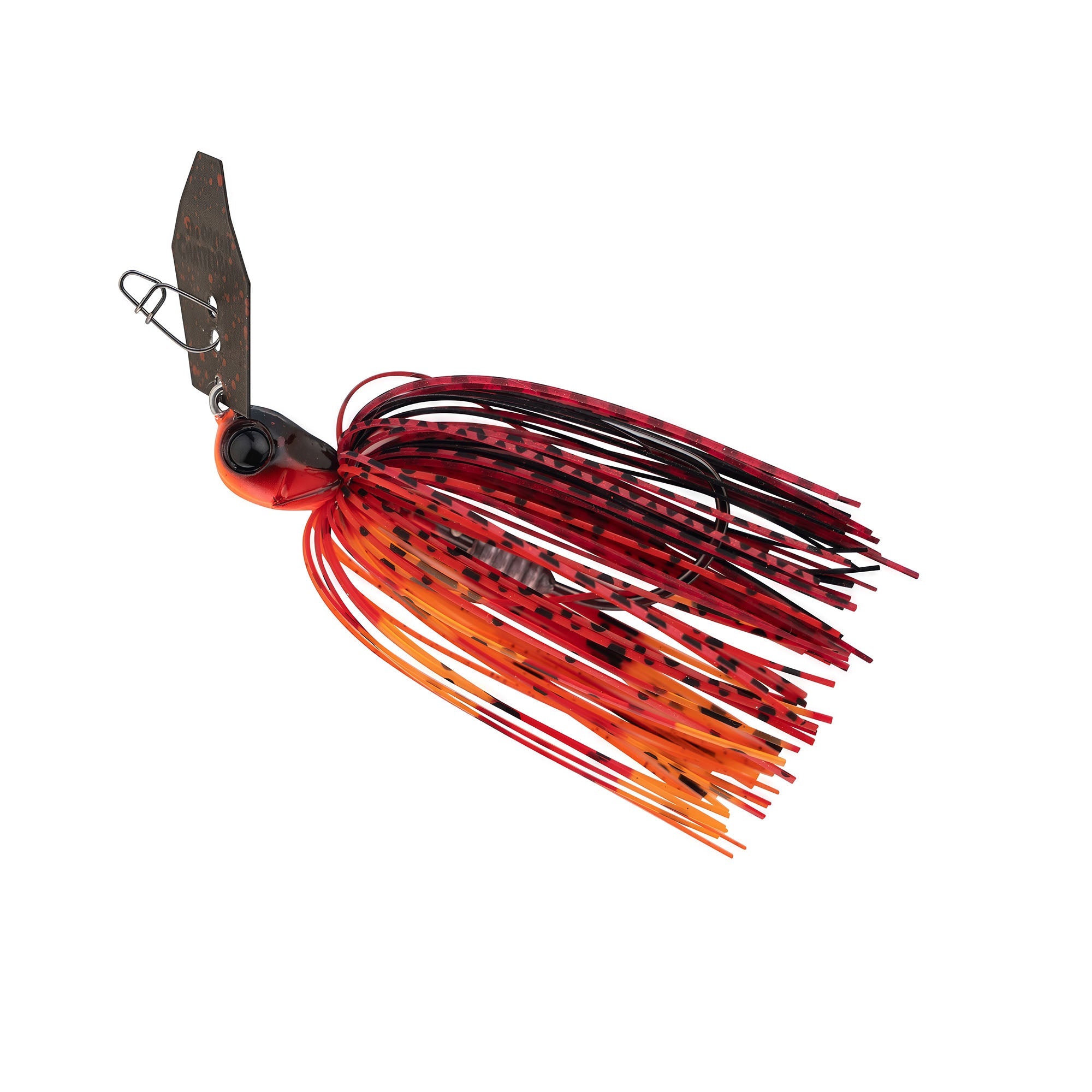 Red and orange spotted skirt chatterbait fishing lure with black hook and oval blade