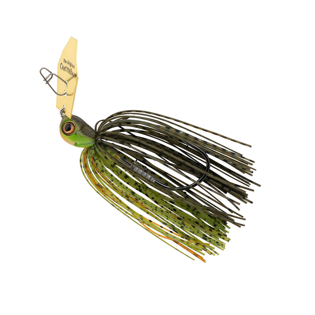 Olive green and chartreuse skirt chatterbait fishing lure with black hook and oval blade