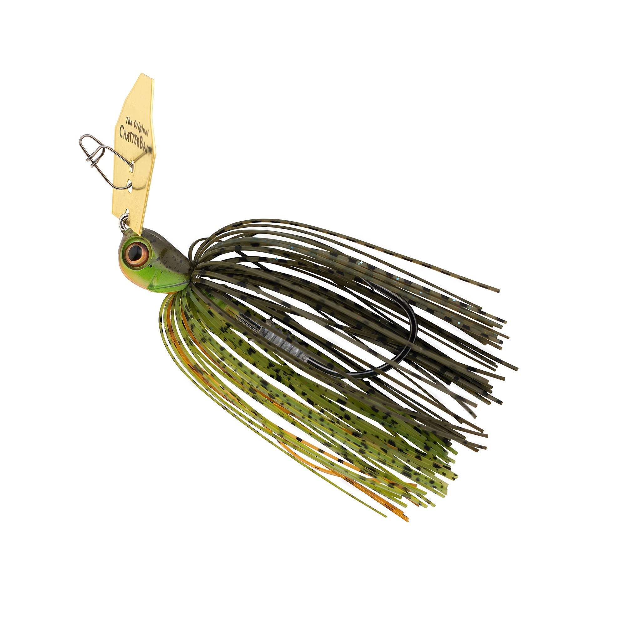 Olive green and chartreuse skirt chatterbait fishing lure with black hook and oval blade