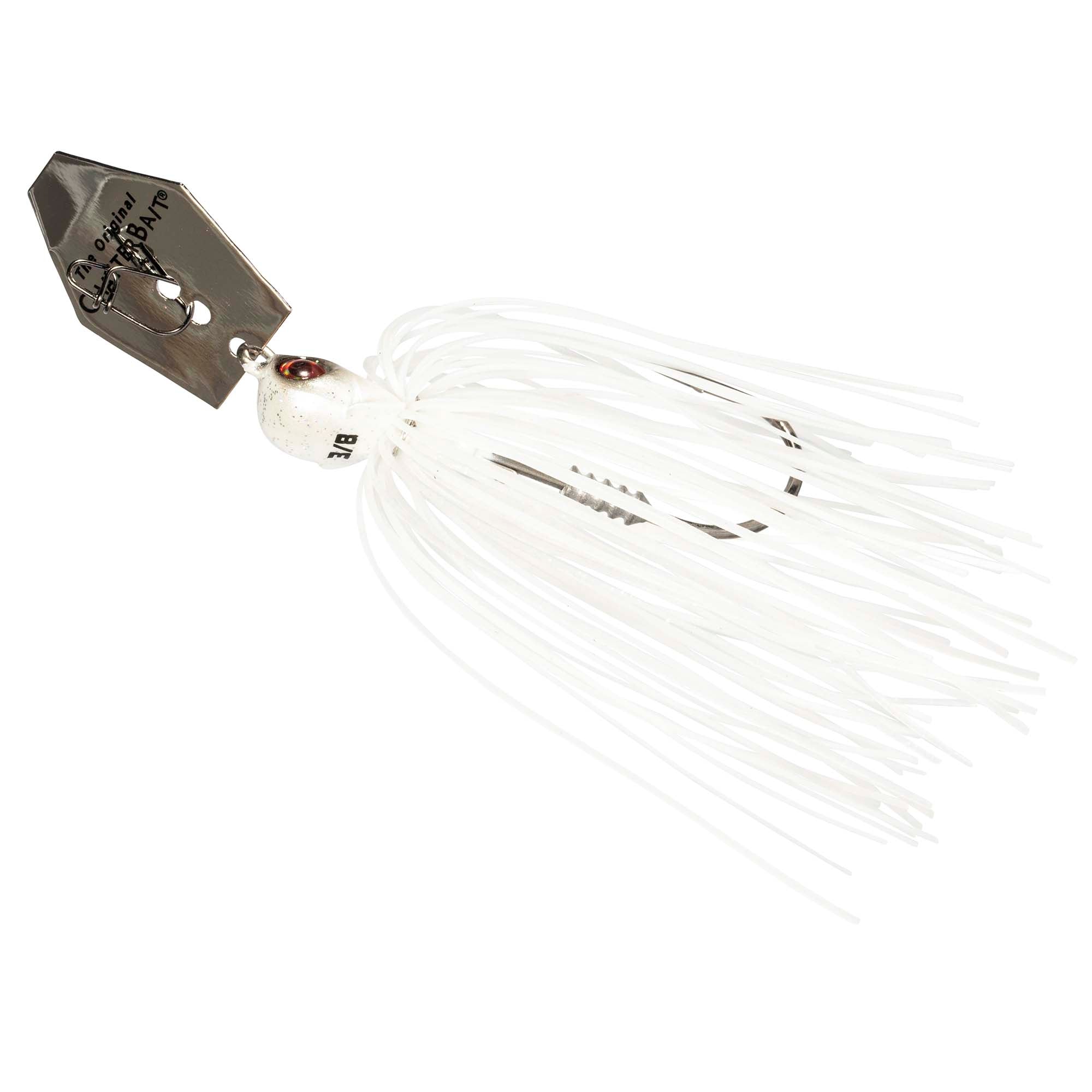 All-white chatterbait lure with clear-white strands and silver metallic blade
