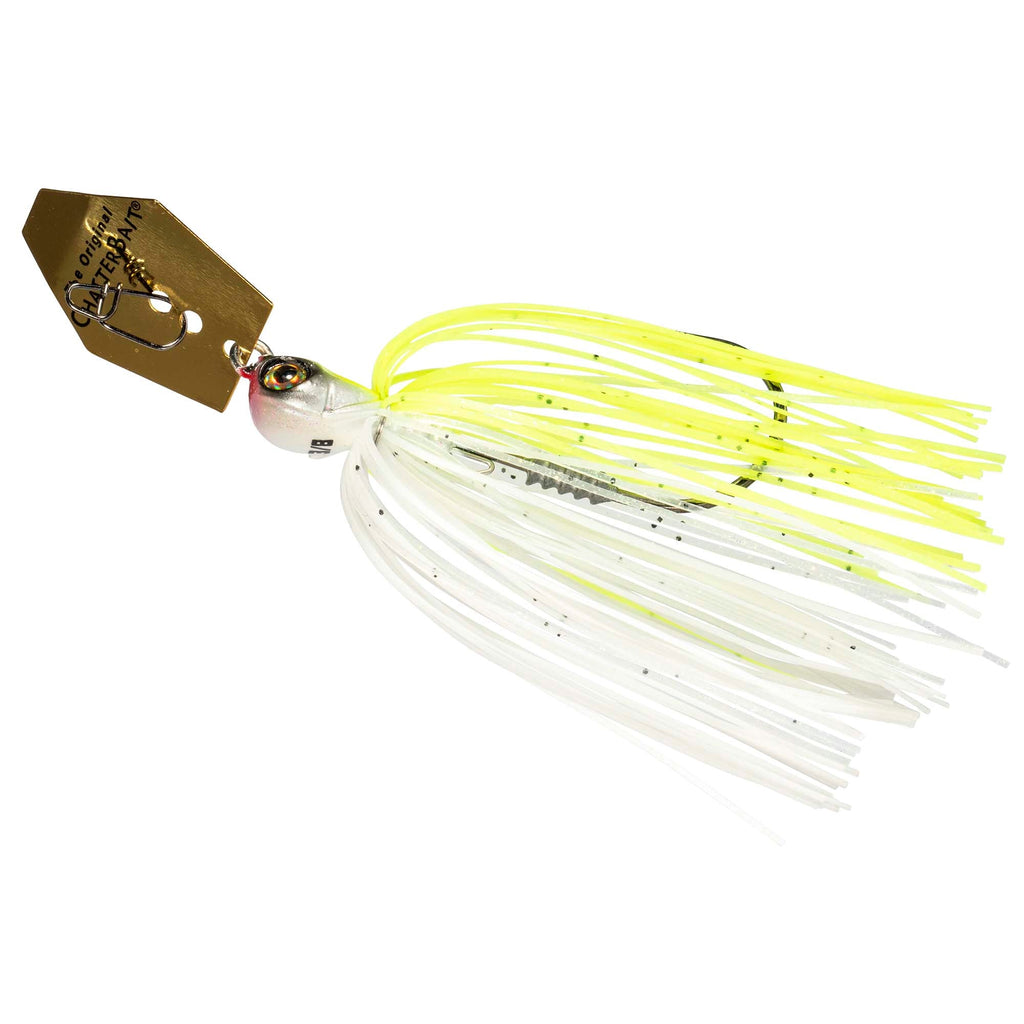 White and chartreuse chatterbait lure with yellow accents and dark speckled blade