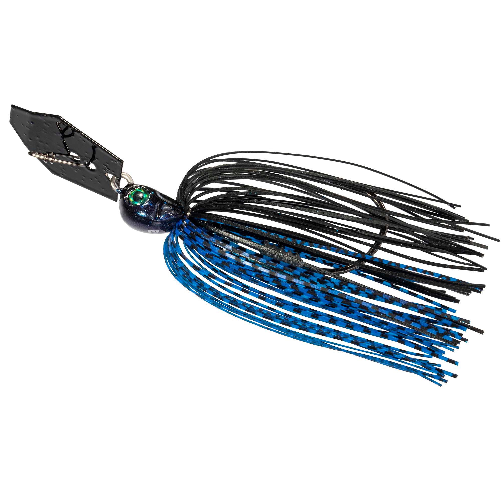 Blue and black chatterbait lure with black speckled skirt and glossy dark blade