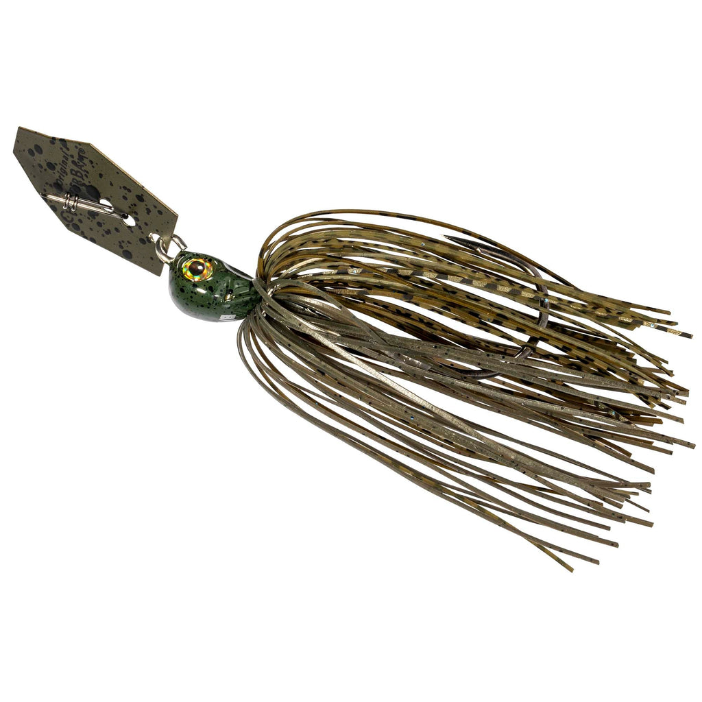 Olive-brown chatterbait lure with gold blade and dark speckled strand skirt