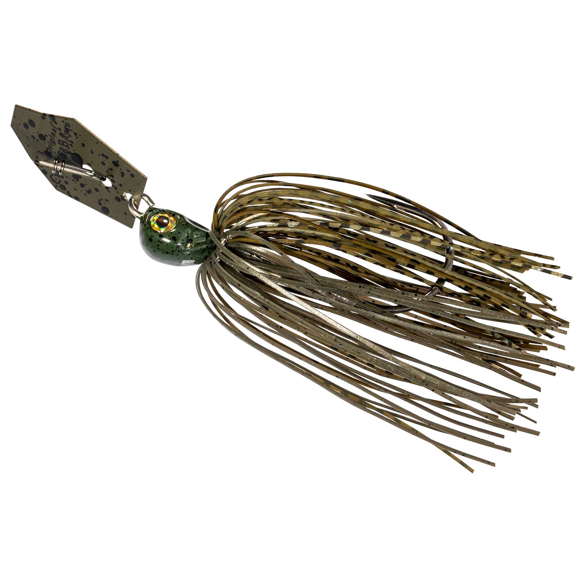 Olive-brown chatterbait lure with gold blade and dark speckled strand skirt