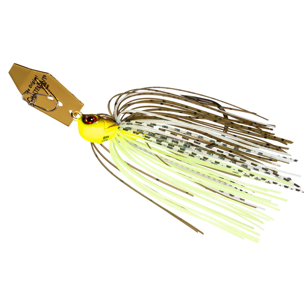 Chartreuse and brown chatterbait lure with patterned skirt and gold metallic blade